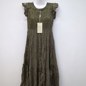 BIBIHOU Solid Color Patchwork Lace Ruffle Trimmed Girl's Dress 10Y Green